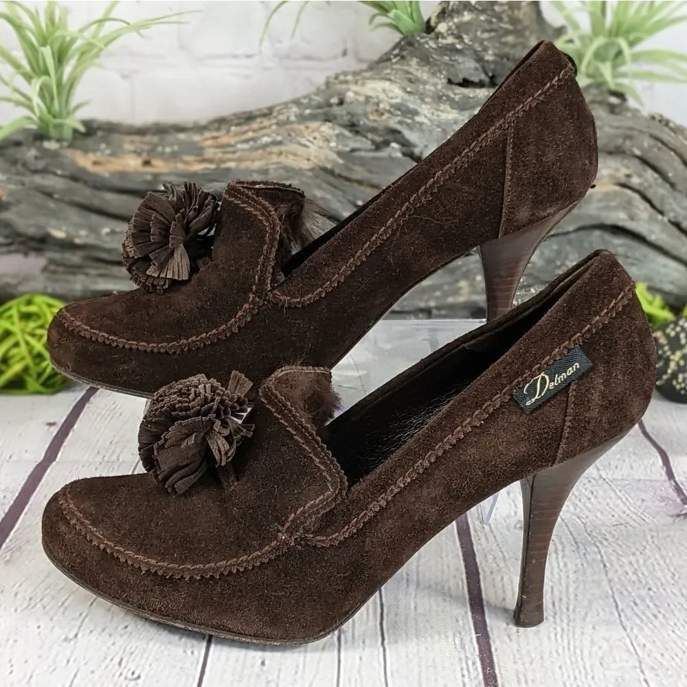 Delman Brown Suede Leather Fur Lined Heels